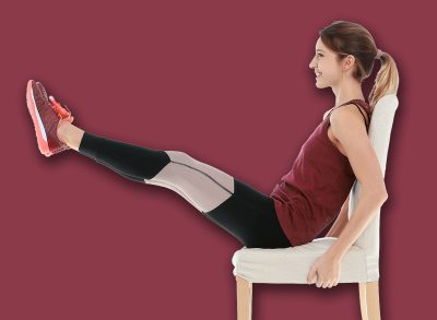 Young woman exercising with chair on white background. Home fitness