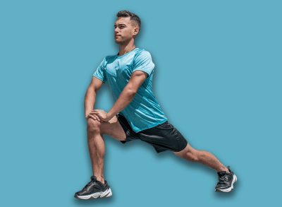 A male athlete does lunges summer city, stretching muscles before jogging, fitness training, sportswear, concentration and focus on goal. Stair background blue sky. Free space for text