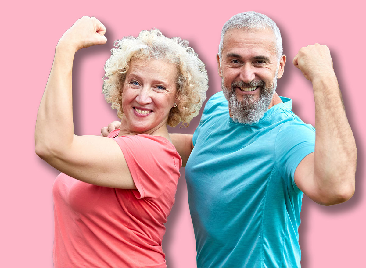 Portrait of a middle aged woman and man, a couple, exercising outdoor, workout and training in park. Mature female person happy doing cardio exercise for health, walking or running outside, showing ra