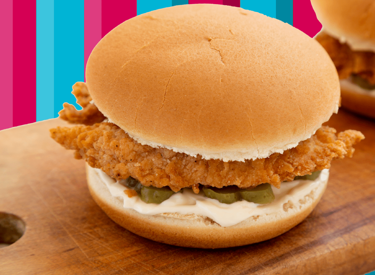 Frozen chicken patty sandwich groceries pink blue stripe background