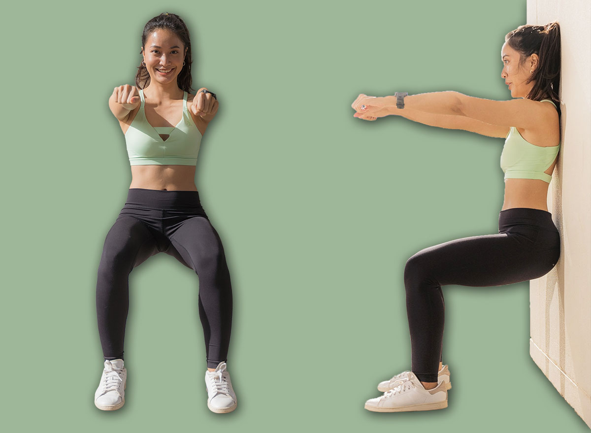 Beautiful Asian women doing "wall sit" exercise.
