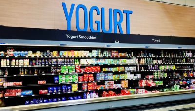 Yogurt products for sale inside a Walmart store, Fayetteville, North Carolina, USA, August 25, 2025