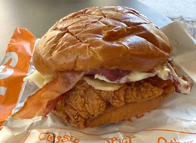 Popeyes Chicken Sandwich Classic with Bacon and Cheese