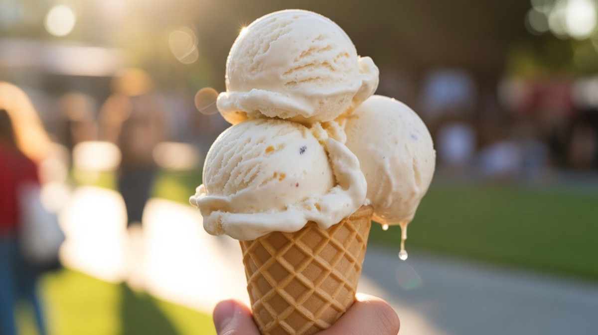 Close-up of a hand holding a waffle cone filled with three scoops of creamy vanilla ice cream, melting slightly under warm sunlight. Captured outdoors in a summer park with a soft bokeh background,