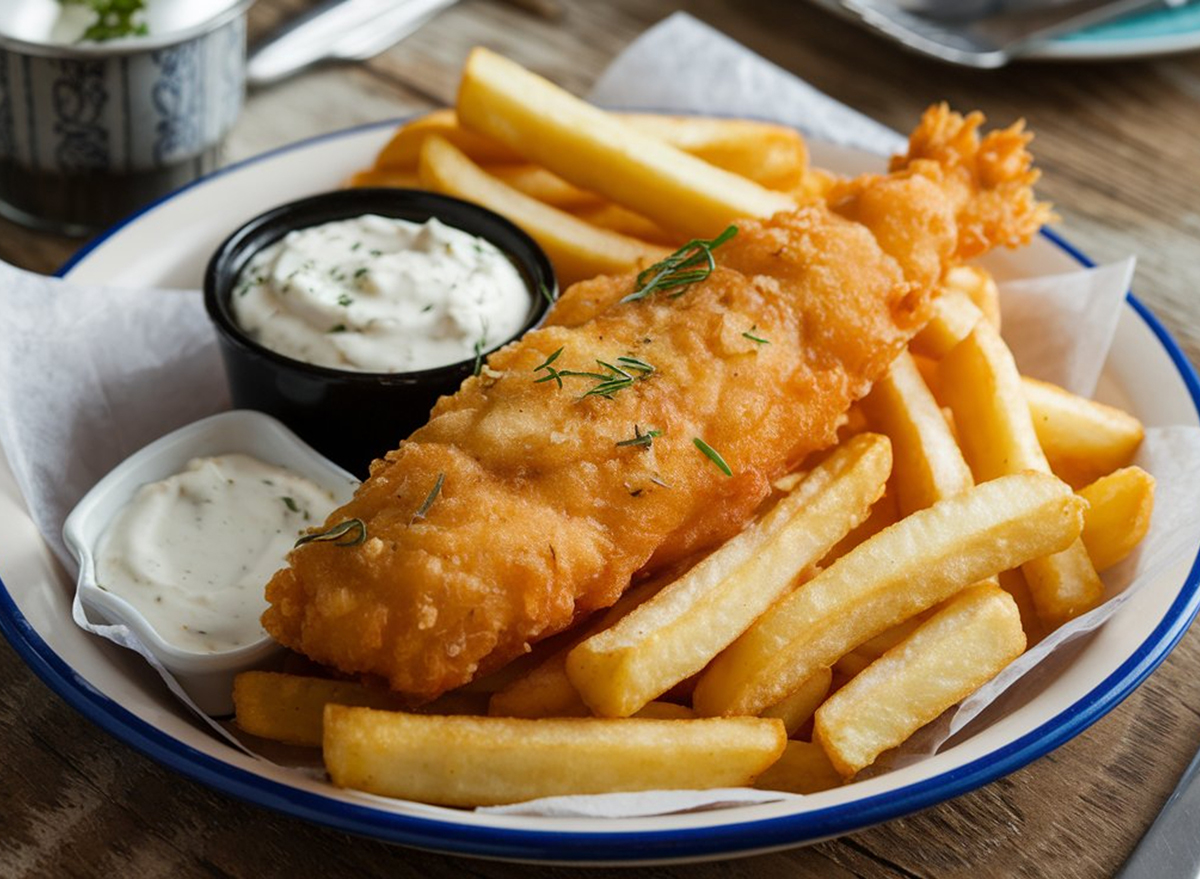 Fish and Chips: Classic British meal of crispy battered fish served with golden fries and tartar sauce.