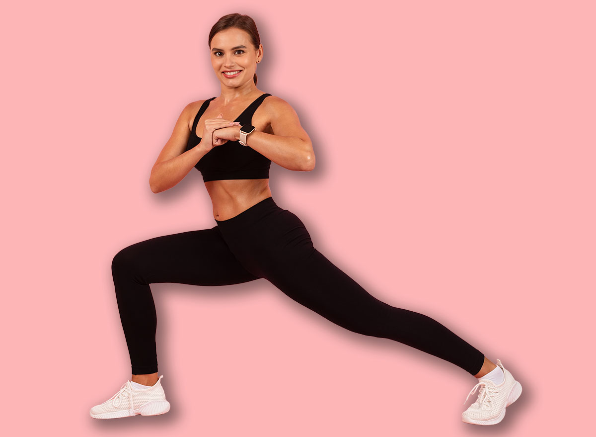 Portrait Of Young Athletic Woman Training Over Pink Background In Studio, Sporty Smiling Lady In Activewear Making Lunges And Core Rotation Exercise, Enjoying Fitness Workout, Copy Space