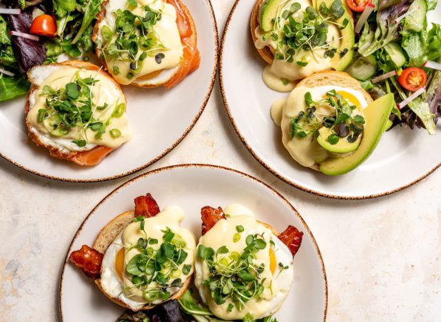 Baked Eggs Benedict on Croissant Rolls Three Ways: Bacon, Avocado and Smoked Salmon