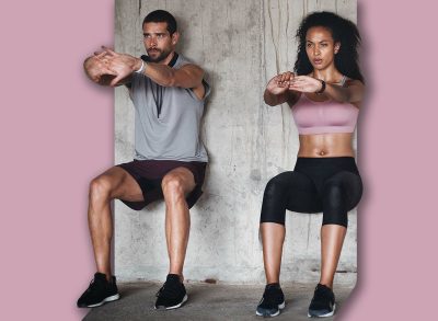 Couple, together and exercise for training on banner in mockup for health, wellness or gym. People, man and woman with wall sit for strength, endurance or power with vision, motivation and mindset