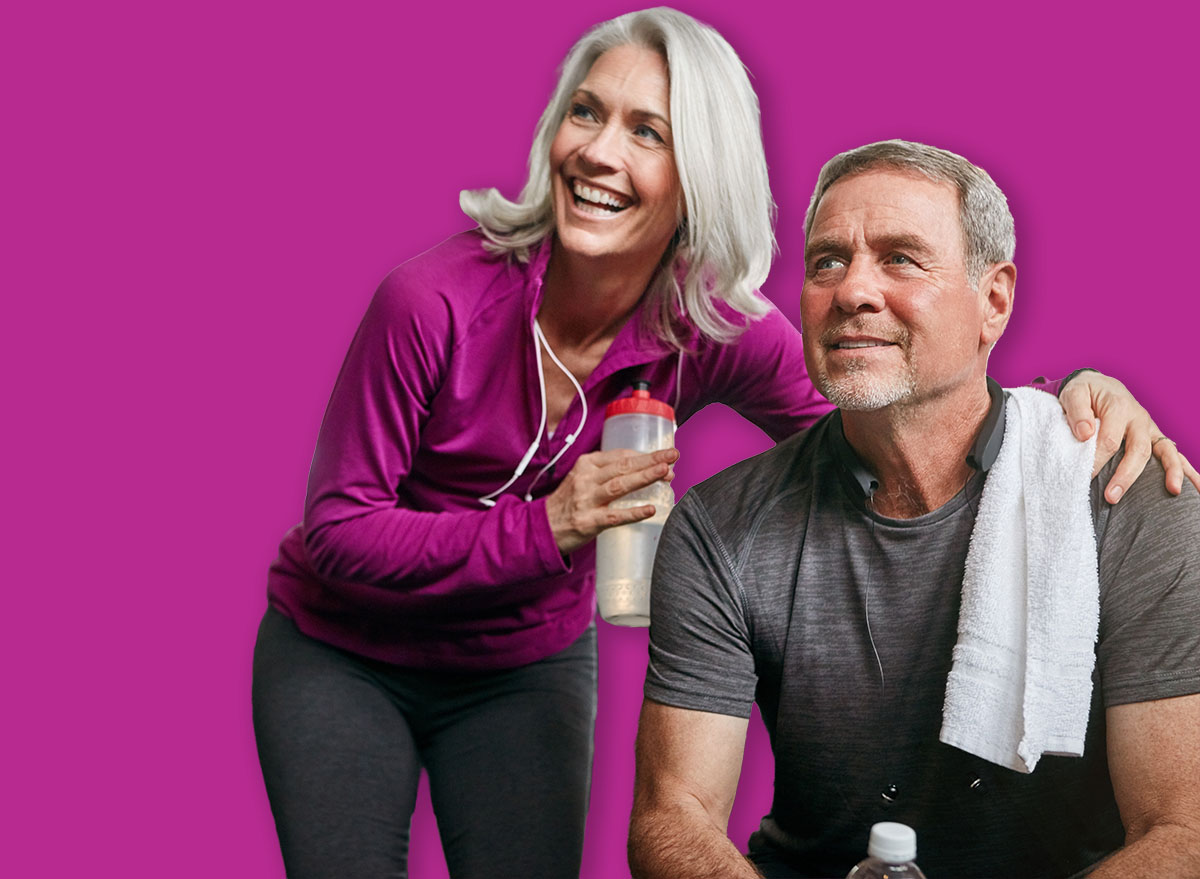 Smile, fitness and mature couple in gym with water, break or bonding for morning cardio. Senior people, man and woman for wellness, exercise and retirement health in sports club together for training
