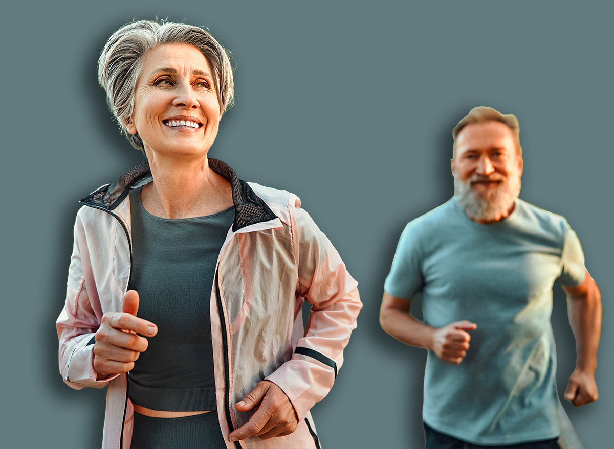 Cardio workout. Close up of aged lady with stylish haircut running in park together with husband. Senior couple in sportswear leading healthy lifestyle and jogging on nature every morning.