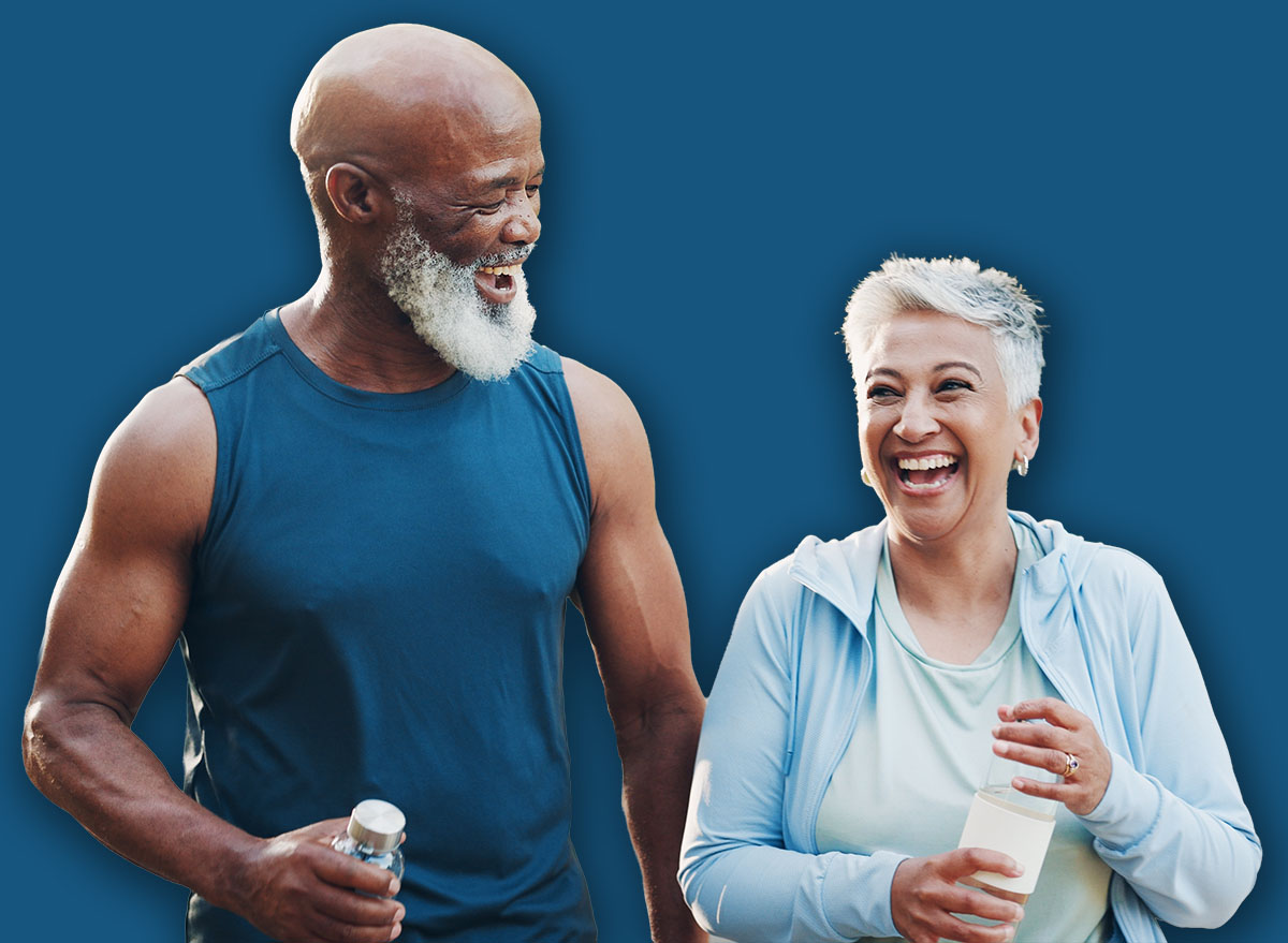 Mature, couple and laughing with water bottle at park for healthy exercise, fitness or workout. Man, happy woman or runners enjoying fun walk with mineral drink, aqua or liquid for hydration