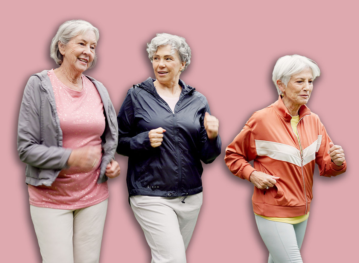 Senior women, walking and friends with fitness, wellness and workout for health in retirement. Park, exercise and elderly female group with motivation and power walk for cardio outdoor together