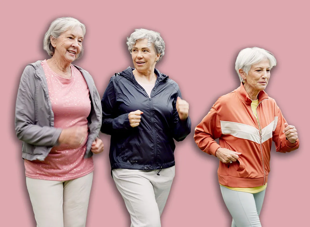 Senior women, walking and friends with fitness, wellness and workout for health in retirement. Park, exercise and elderly female group with motivation and power walk for cardio outdoor together