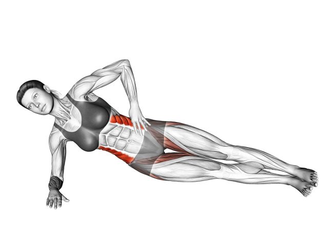 Side Plank with Raised Leg (VERSION 2) (left) (female). Waist exercise. Workout illustration training guide