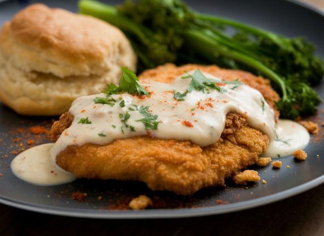 Chicken Fried Steak : Tender beef cutlet, seasoned, breaded and fried crisp, then smothered in peppery country gravy; a Texas-USA diner icon served with biscuits and greens, comfort