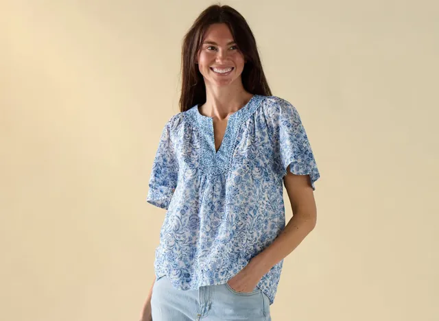 Wide Sleeve Floral Blue Top