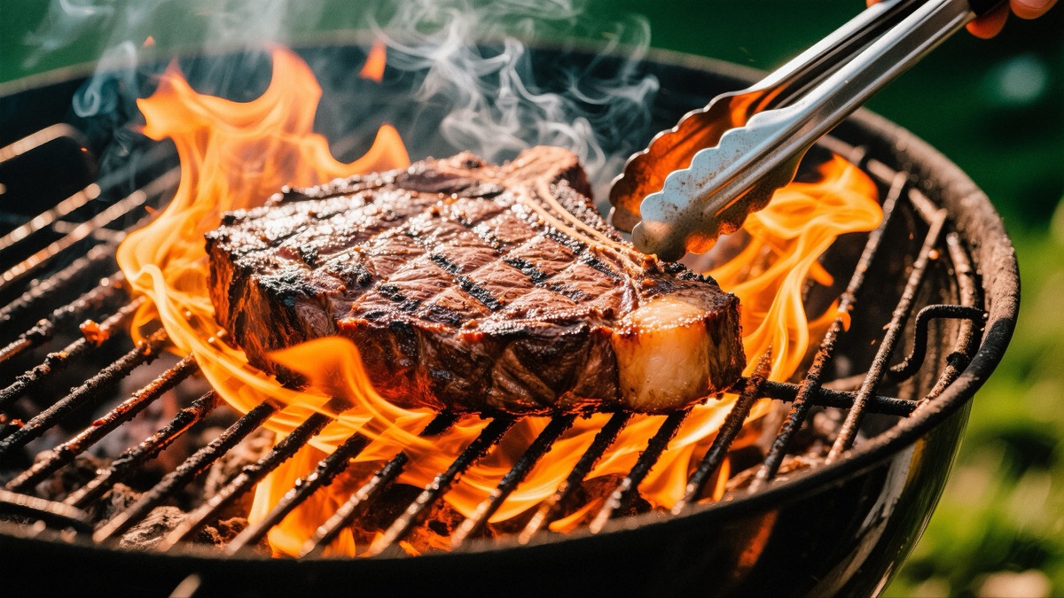 A,Delicious,T bone,Steak,Sizzles,On,A,Fiery,Barbecue,Grill,