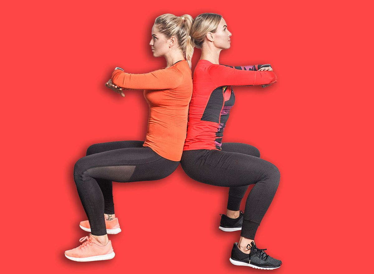Back to back sit poses. Friends doing pilates exercise. Studio shots