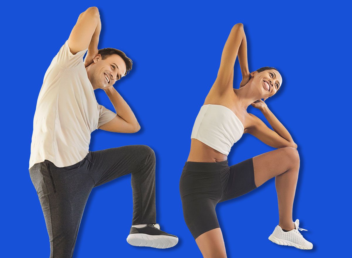 Couple doing home fitness fit workout together. Family exercising on yoga mat indoors focusing on health. Cozy interior supports training. Active healthy lifestyle, sport and family fitness.