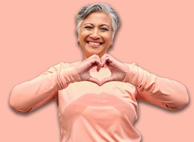 Senior woman, heart hands and runner on road for fitness, love icon and portrait for smile, workout or health. Mature lady, sign language and emoji with wellness, exercise and retirement in mountains