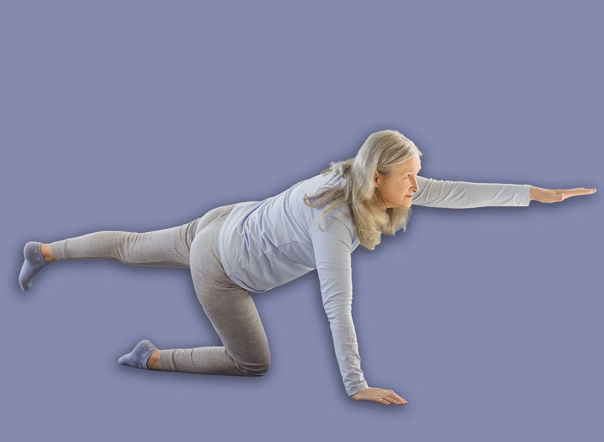 Senior woman doing balance core training on mat, physical exercises and fitness workout at home. Old active person showing bird dog pose, stretching muscles of legs and arms, core balance and strength