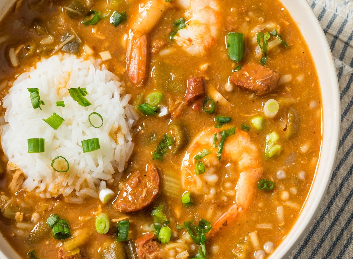 Savory,Homemade,Cajun,Gumbo,Stew,With,White,Rice