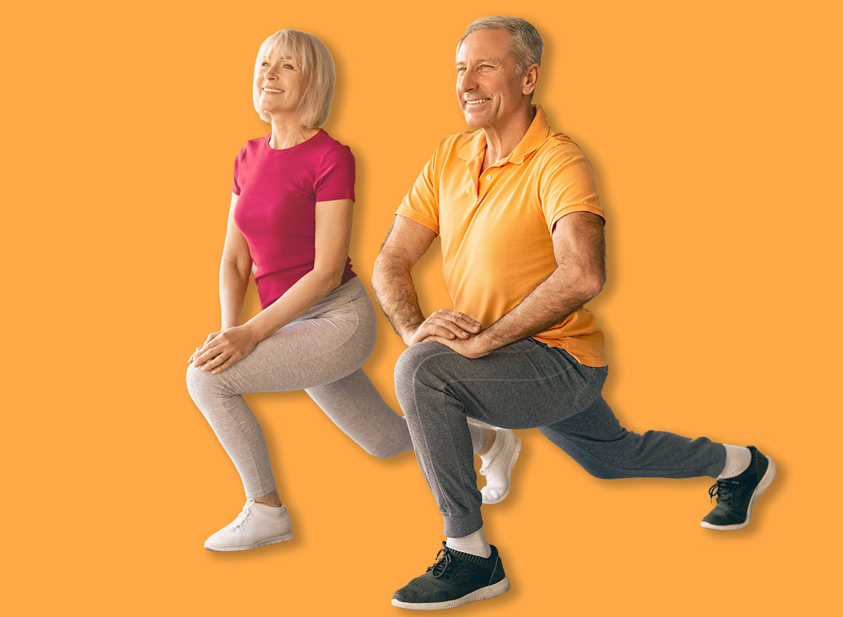 Older Adults Perform Lunges in a Living Room During a Fitness Session at Home in the Morning