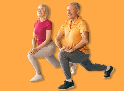 Older Adults Perform Lunges in a Living Room During a Fitness Session at Home in the Morning