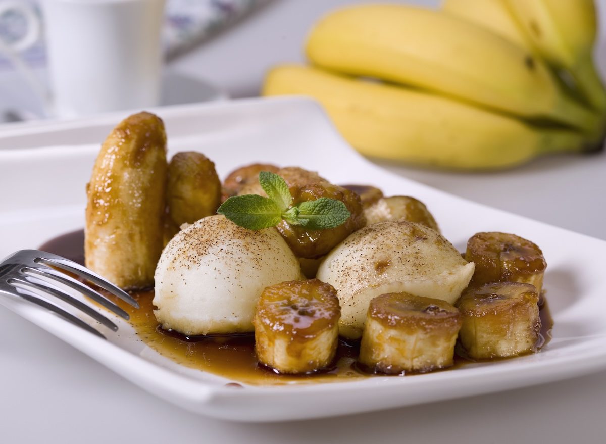 Bananas,Foster style,Dish,On,White.,Typical,American,Food.
