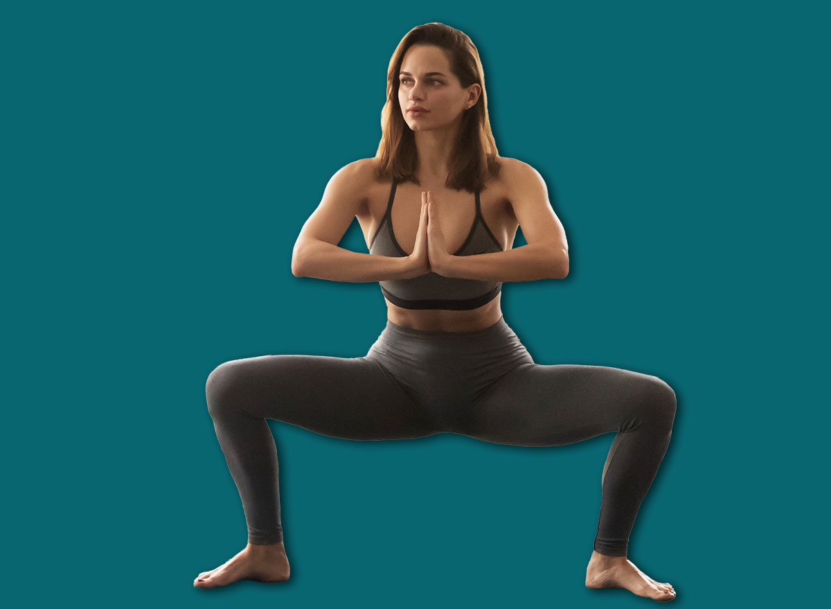 Cover, Sumo, Squats, Attractive,Young,Woman,In,Grey,Sportswear,,Leggings,And,Bra,Practicing