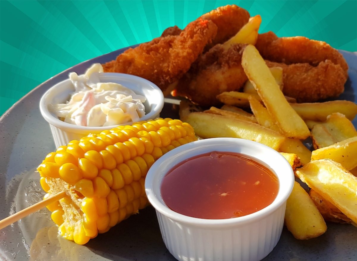Fish and chips corn on the cob coleslaw