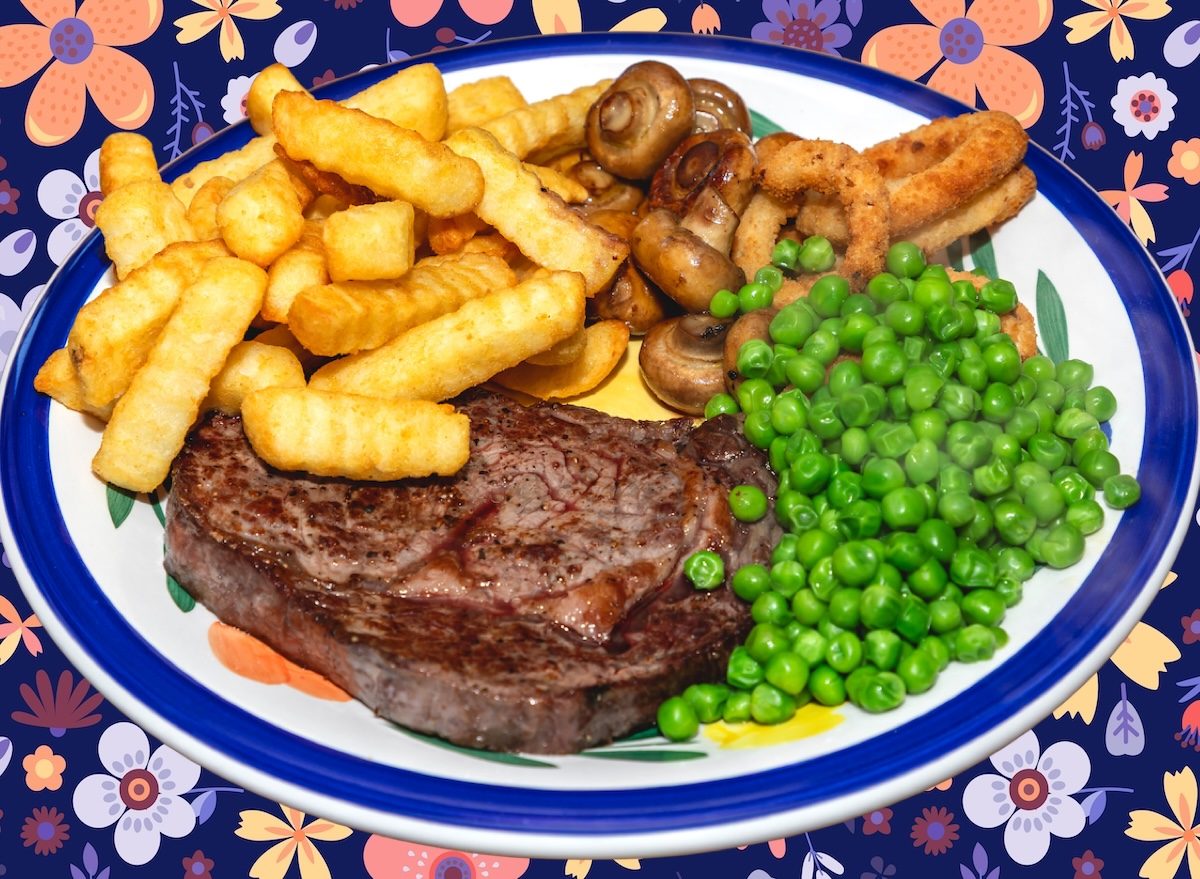 Ribeye steak onion tings peas french fries