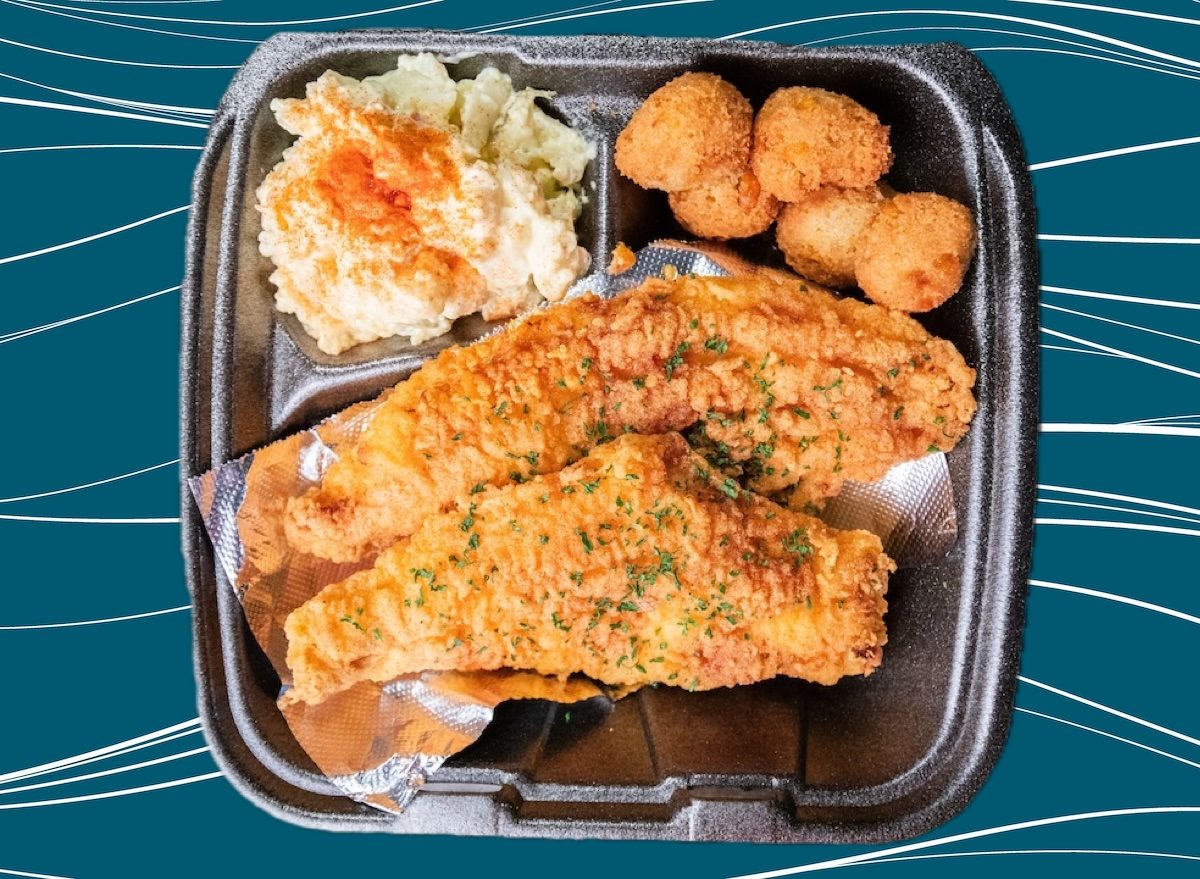 Fried catfish potato salad hush puppies