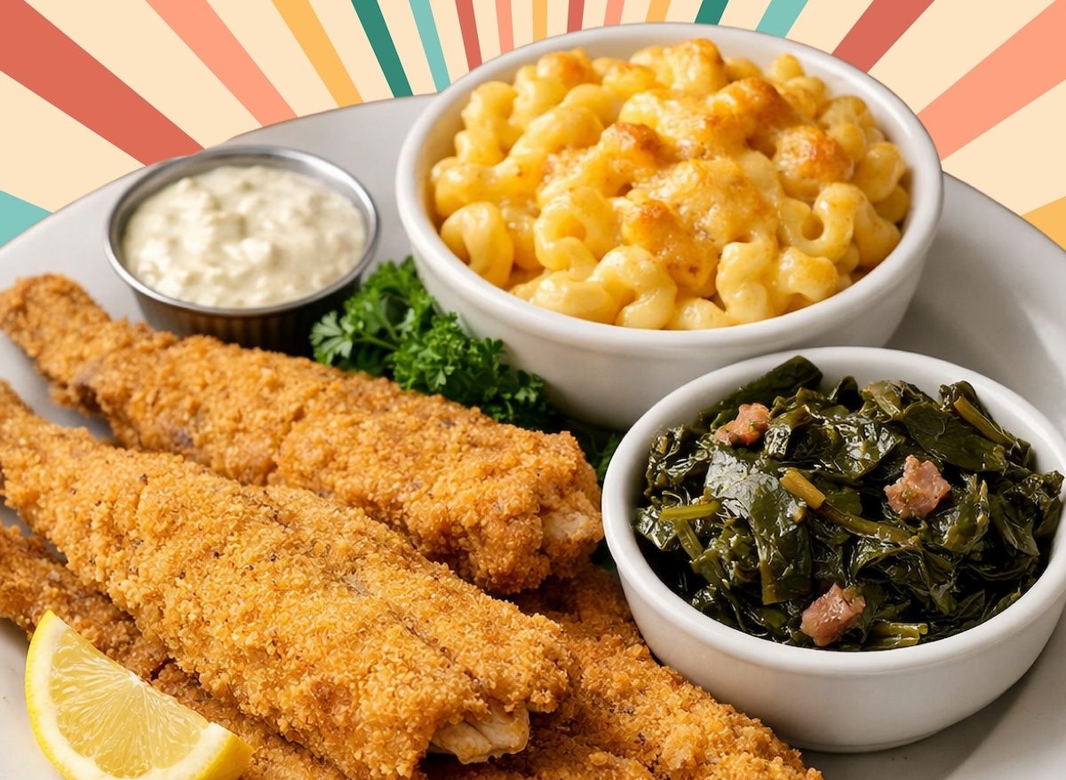 Fried fish collard greens macaroni and cheese