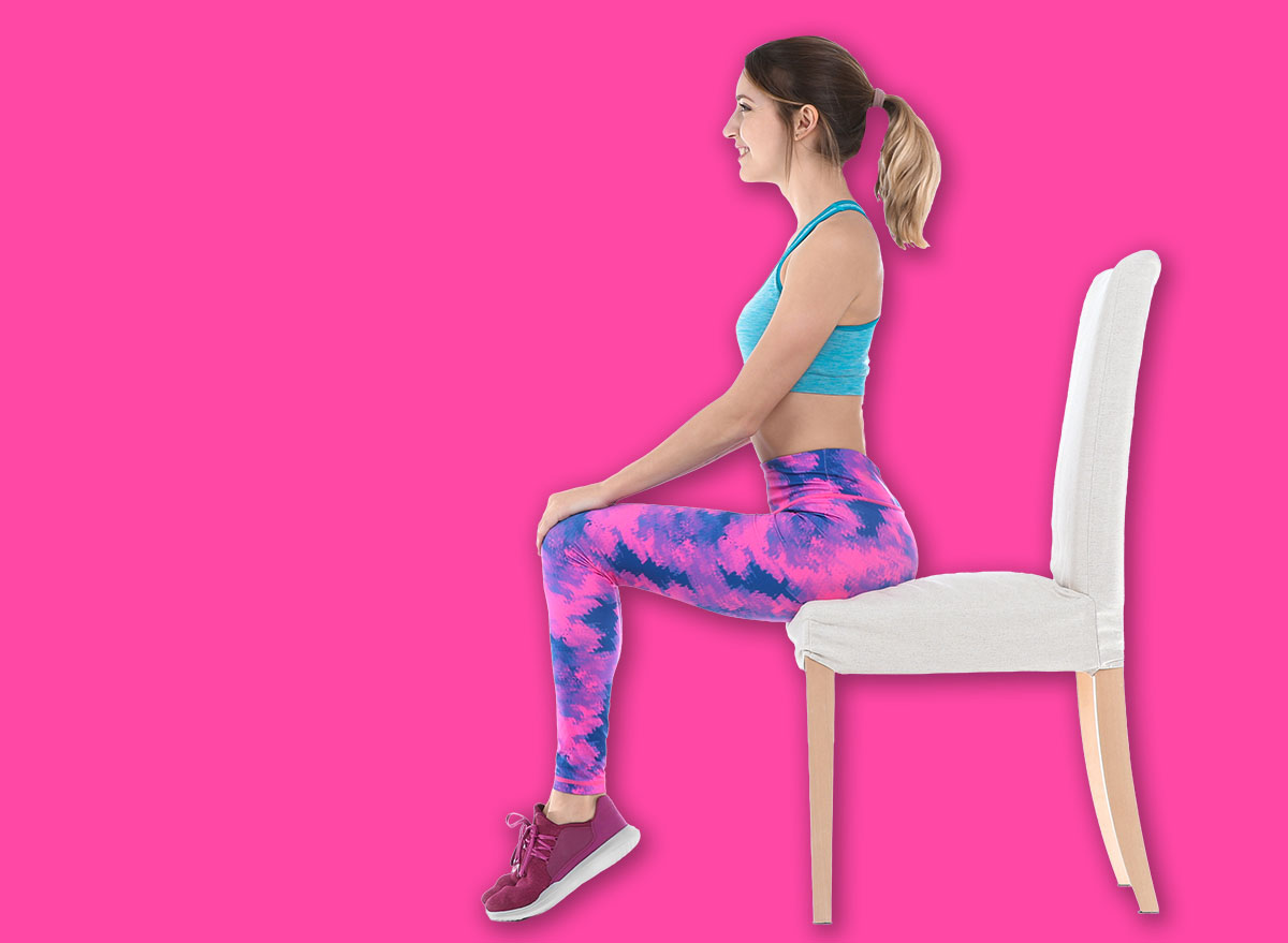 Young woman resting in chair after sports training on white background. Home fitness