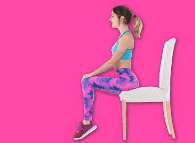 Young woman resting in chair after sports training on white background. Home fitness