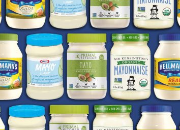 various jars of mayo on blue background