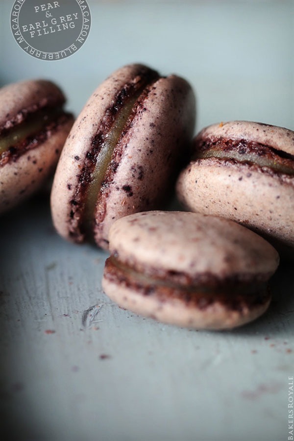 BLUEBERRY MACARONS WITH PEAR AND EARL GREY FILLING