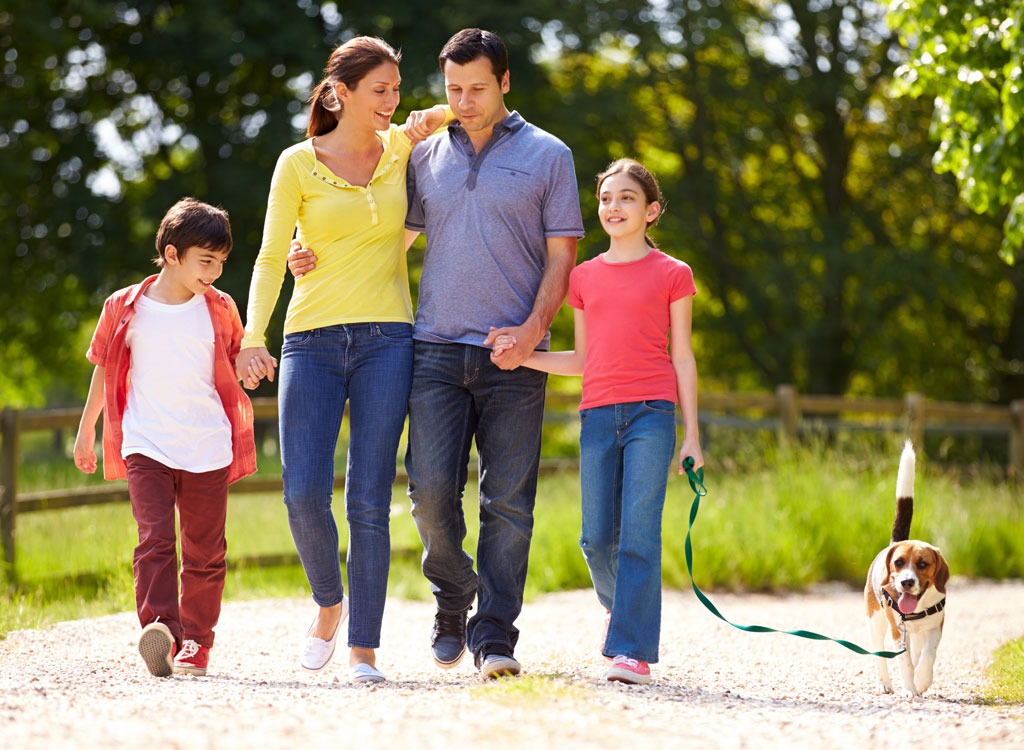 Family walking dog