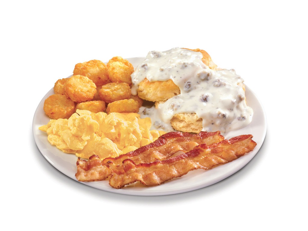 hardees breakfast platter with bacon