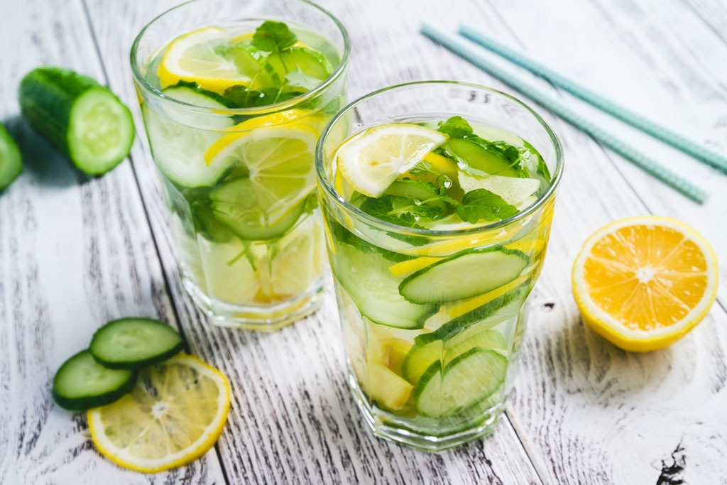Water infused with cucumber and lemon