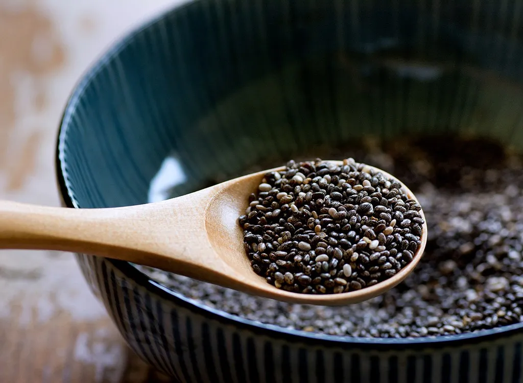 chia seeds on wooden spoon