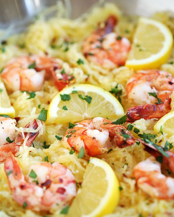 lemon and herb spaghetti squash with roasted shrimp