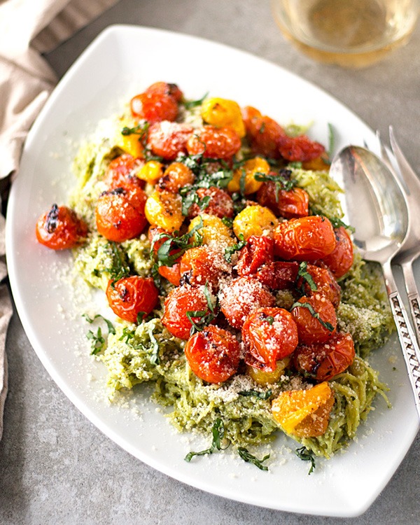 pesto spaghetti squash with roasted tomatoes