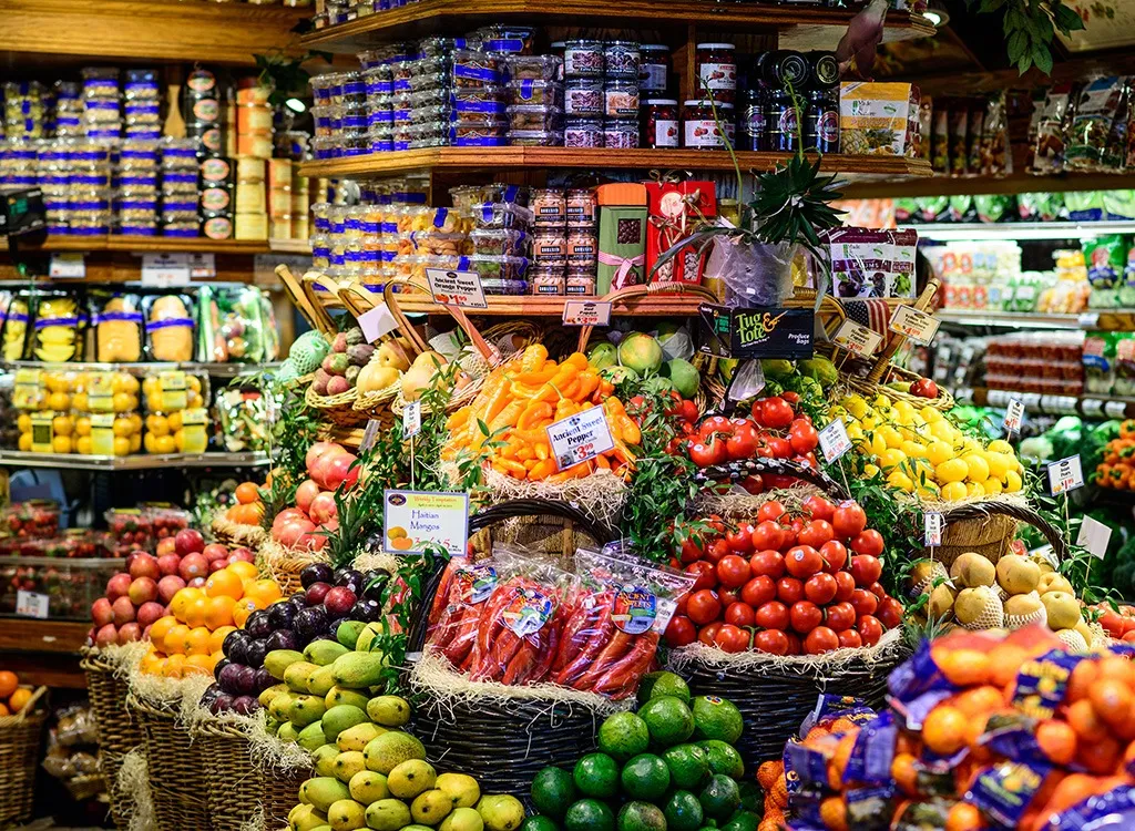 produce on shelves at grocery store