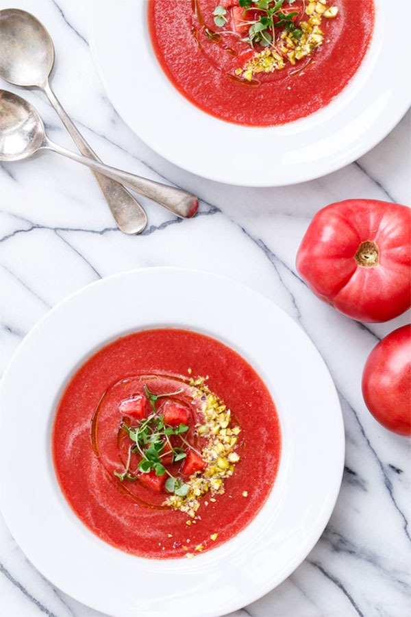 tomato watermelon gazpacho with pistachios and basil oil