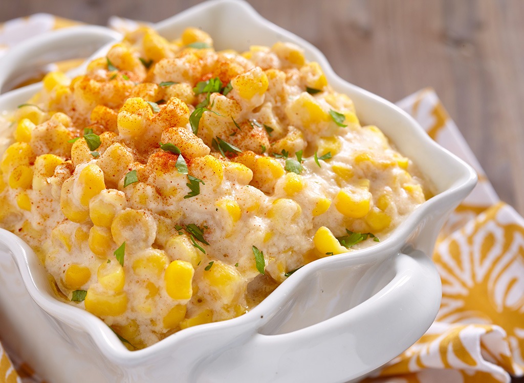 serving dish of creamed corn