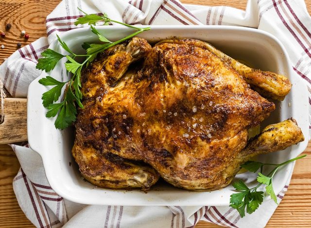 roast chicken in white pan