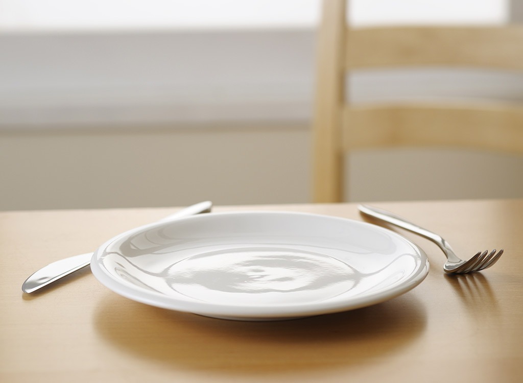 empty white plate with fork and knife