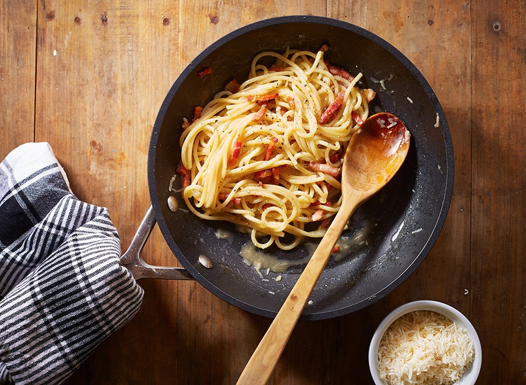 spaghetti with sauce in pan